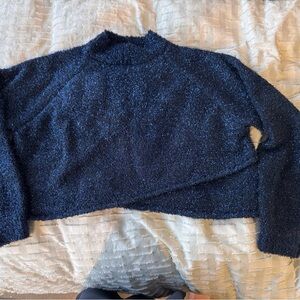Eloquii Textured Navy metallic crop Sweater